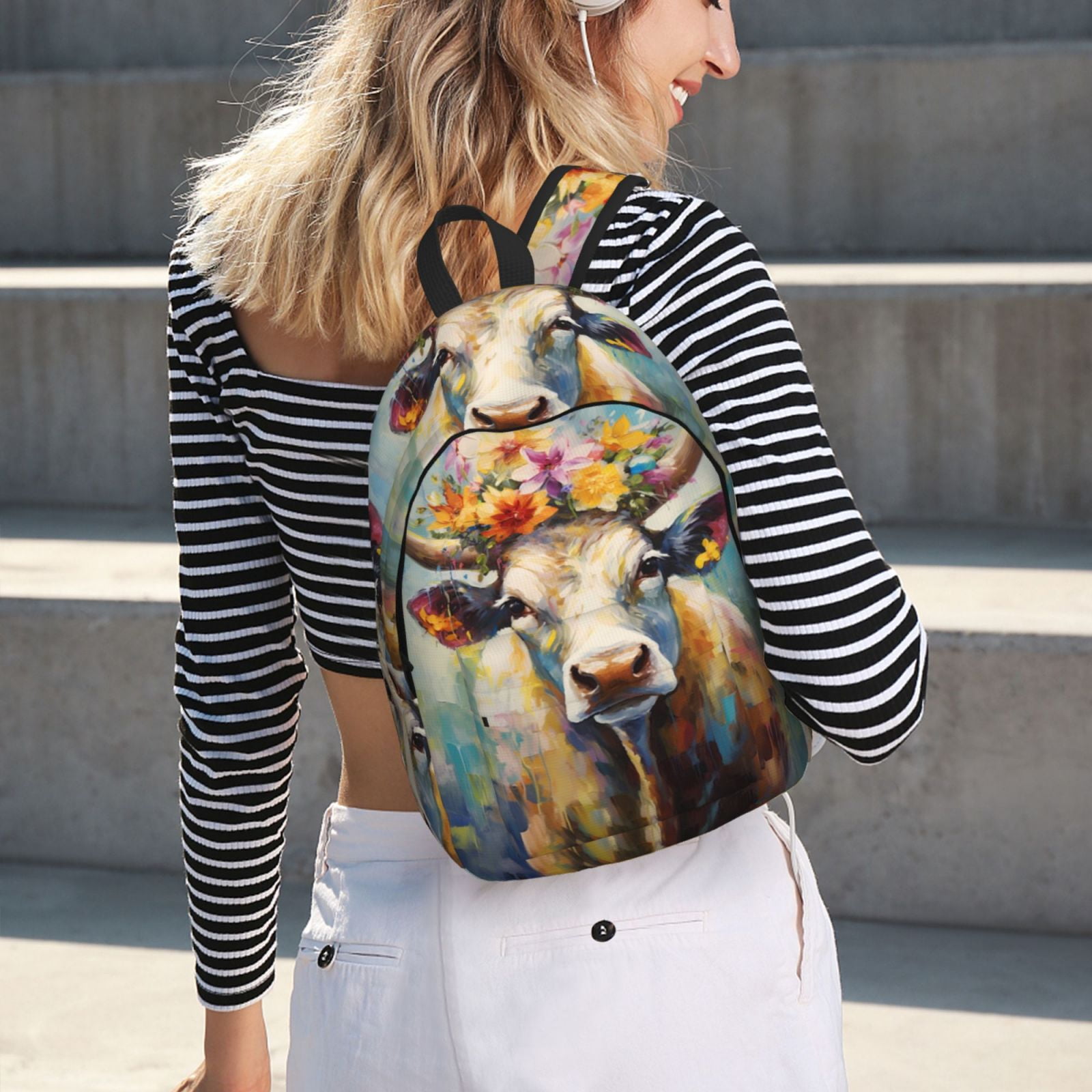 Vsdgher Oil Painting Flower Cow Print Canvas Backpack Travel Rucksack Unisex Knapsack 15.7/17.7Inch Laptop Backpack for Work,College -Small