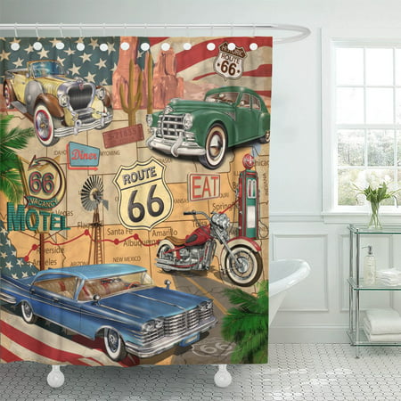 PKNMT American Vintage Route 66 Diner Motorcycle Map Road Trip Shower Curtain 60x72