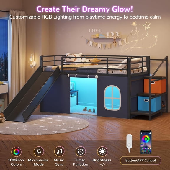 Twin Loft Bed with Slide, Storage Stairs and Desk, Low Metal Loft Beds with LED Lights & Under-Bed Play Space & High Guardrail, Twin Size Beds for Teen, Black