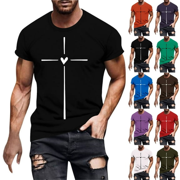 Jinhomg Gym Muscle Tees for Men Dressy Casual Cross Graphic Workout Tops Big and Tall Comfy Short Sleeve Crew Neck Athletic T-Shirts Outdoor Sportswear Sales Today Clearance Army Green XXXL