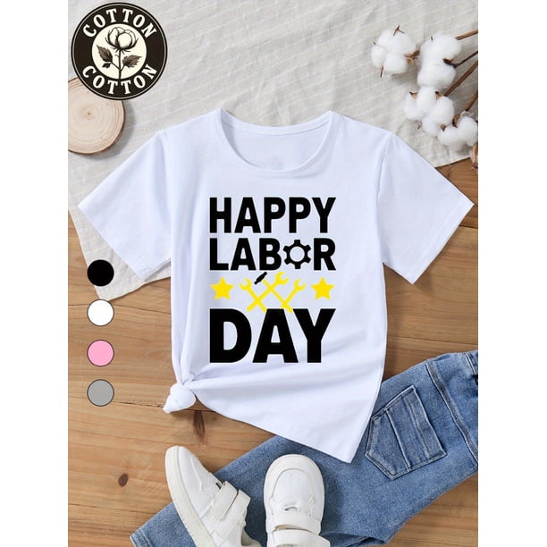Kids' 100% Cotton Labor T-Shirt - Happy Labor Print with Crossed Axes & Stars, Cute Casual Round Neck Tee for Boys & Girls, Machine Washable, Perfect for Everyday & Holiday Celebrations