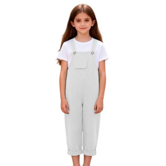 FAHXNVB Girls Ramper Solid Color Summer Jumpsuits with Pockets Kids One Piece Outfits Overalls 2-16 Years