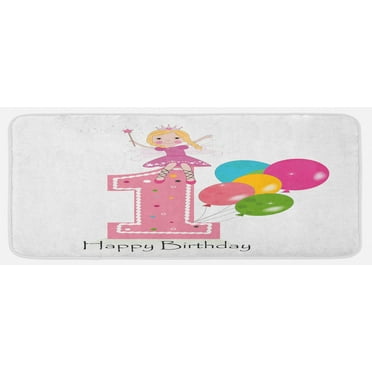 1st Birthday Kitchen Mat, Cartoon Party Theme with Best Wishes Pink Wand and Balloons, Plush Decorative Kitchen Mat with Non Slip Backing, 47" X 19", Pale Pink and Lilac, by Ambesonne