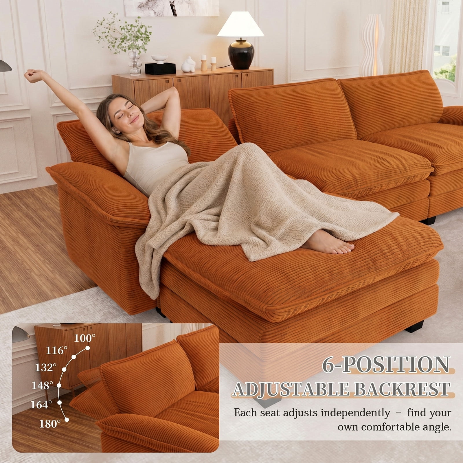 Muumblus 80.5" Corduroy Loveseat Sofa, Oversized Upholstered 2-Seater Fluffy Cloud Sleeper Couch for Living Room/Apt, Orange
