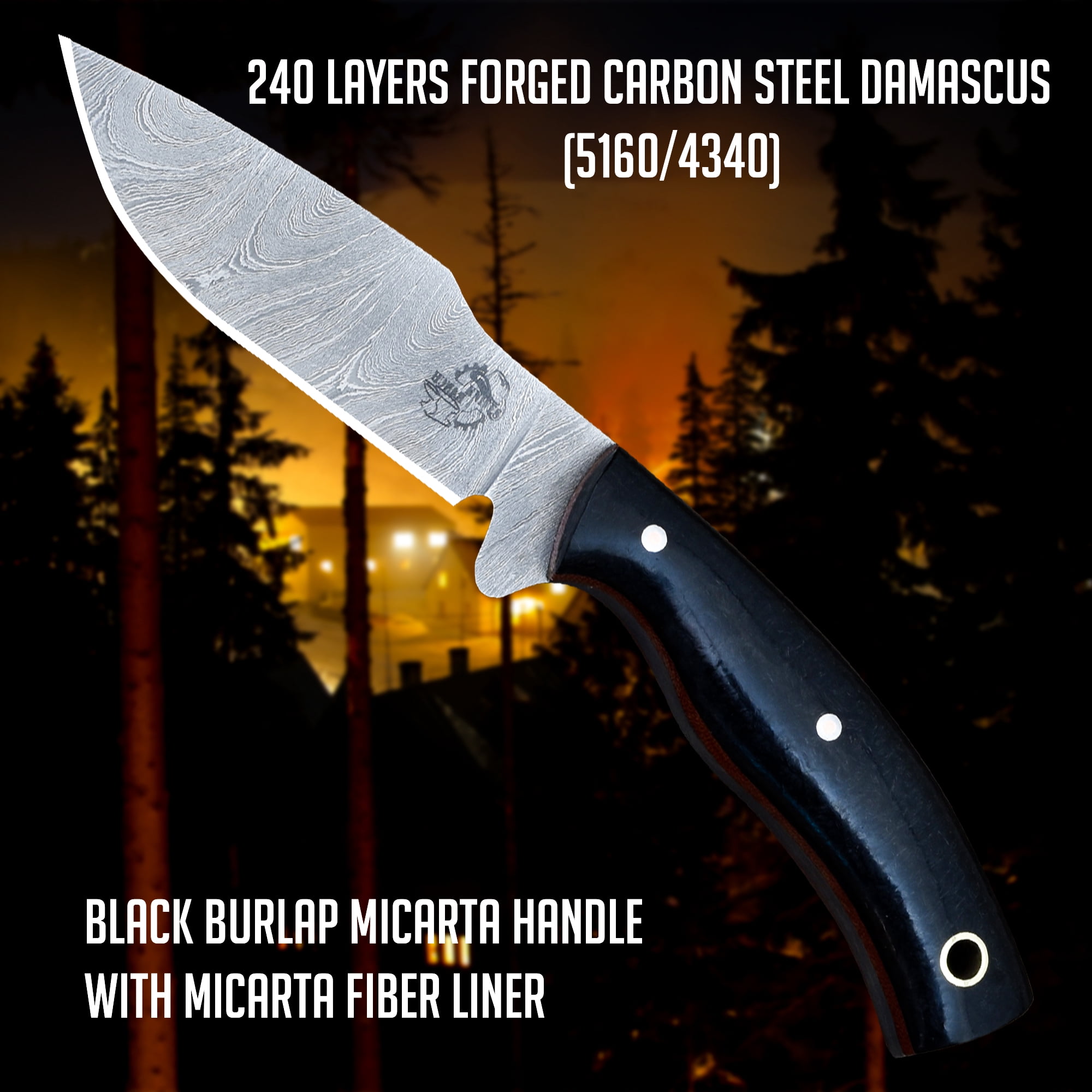 Knives Ranch Handmade Small Tactical edc Knife – Forged Damascus with Black Burlap Micarta Handle – 3-3/8" Blade – Horizontal Cowboy Leather Sheath – EDC & Utility Knife (3185-M)