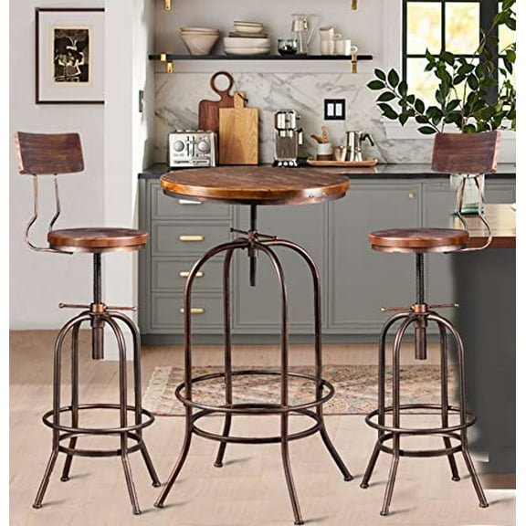 LOKKHAN Industrial Bar Table-37.4 Inch-45.3 Inch Tall-Swivel Adjustable Bar Height Bistro Pub Table-23.7 Inch Round Wood Top Metal Base (Copper/Brown)