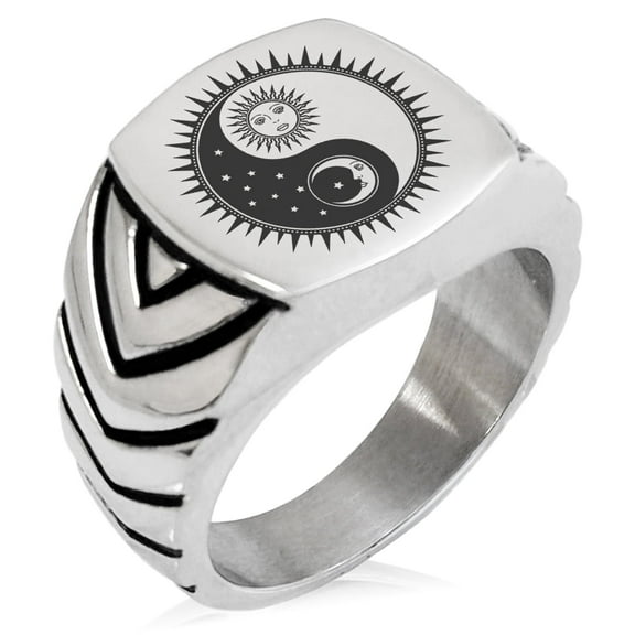 Tioneer Stainless Steel Sun & Moon Yin Yang Chevron Pattern Biker Style Polished Ring