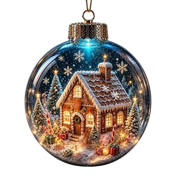 Christmas Light‑Up Hanging Globe Ornament, Clear Ball with Holiday Scene Detail & Warm LED Illumination, Festive Decor for Xmas Tree (Gingerbread House, 3''x4'')