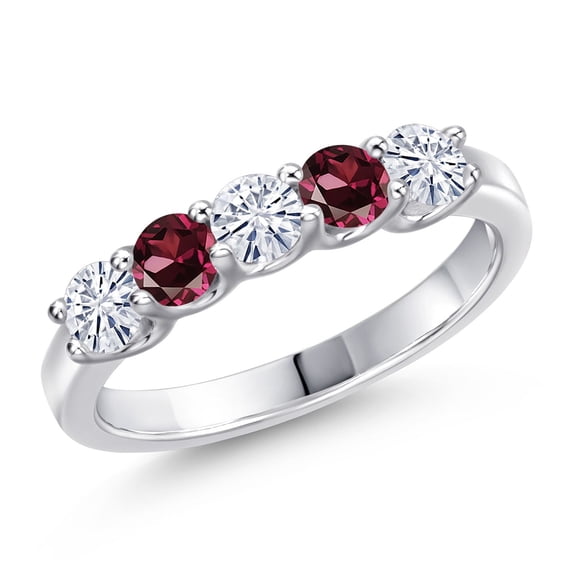 Gem Stone King 925 Sterling Silver White Moissanite and Red Rhodolite Garnet Wedding-Bands Ring for Women | 0.92 Cttw | Round 3.5MM | Gemstone Birthstone | Size 6