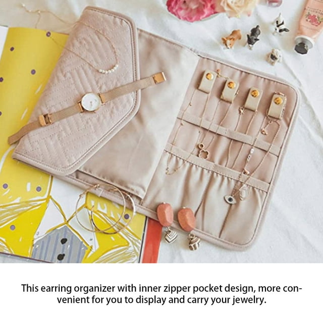 Jewelry Display Organizer Roll Large Container Foldable Polyester Capacity Jewelries Storage Pouch Earrings Holder for Home Polyester Multifunction Case Pink