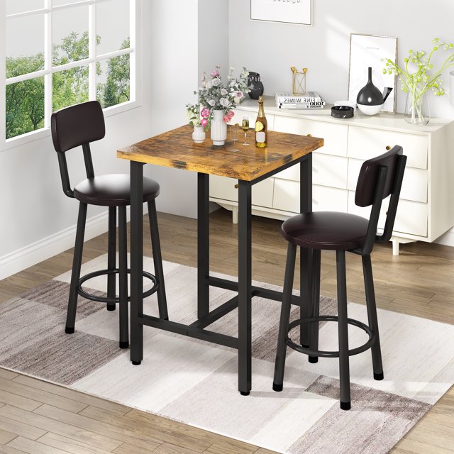 Furlinkhm 3 Piece Pub Dining Set, Modern bar Table and Stools for 2 Kitchen Counter Height Wood Top Bistro Easy Assemble for Breakfast Nook Living Room Small Space Restaurant, Rustic Brown