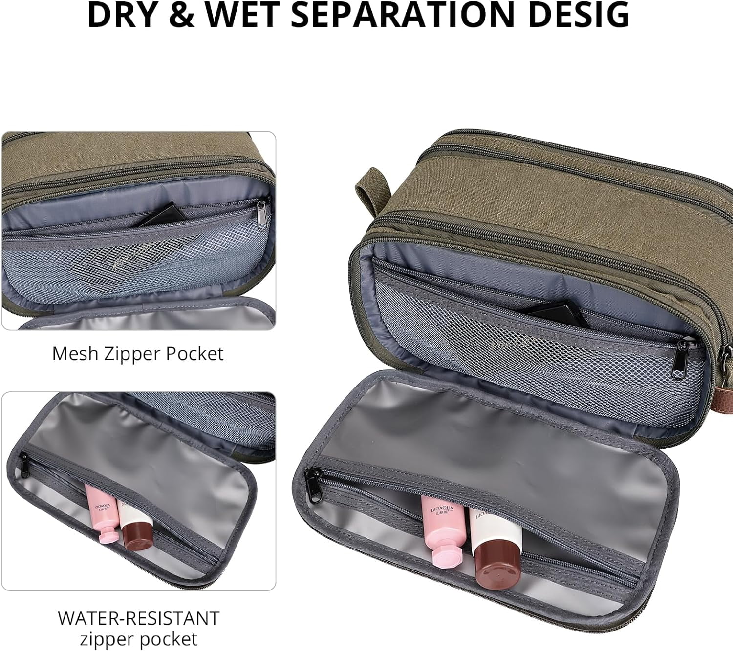 WITZMAN Canvas Toiletry Bag for Men Large Capacity Hanging Dopp Kit for Men Leather Toiletries Water-Resistant Bathroom Bag(A8002 Army Green)