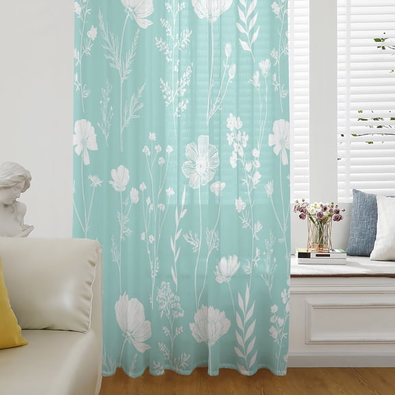 Teal Wildflowers Sheer Curtains 72 Inch Length, Light Filtering Voile Curtain Panel, Farmhouse Floral Botanical Leaves Rod Pocket Drapes Window Treatments for Living Room Bedroom 52"x72"