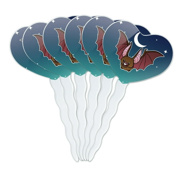 Cute Bat Cartoon Flying at Night Heart Love Cupcake Picks Toppers Decoration Set of 6