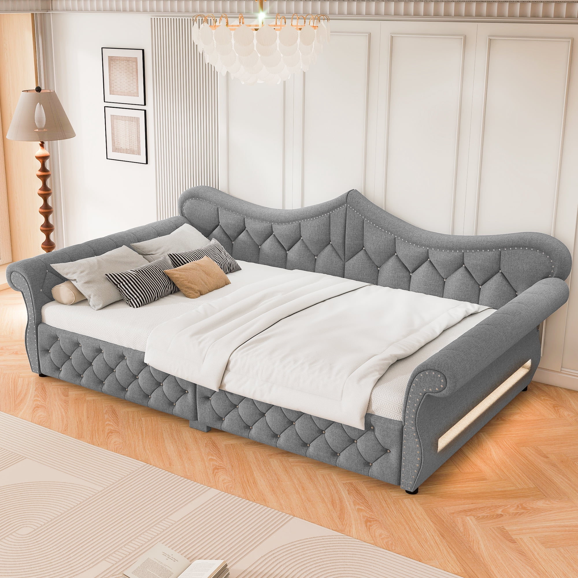 Euroco Upholstery Queen Size Daybed, Sofa Bed with LED Light, Gray