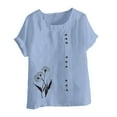 thumbnail image 4 of JSheng Womens Casual Linen Tops Summer Classic Print V-Neck Button Down T-Shirts Loose Short Sleeve Blouses Light Blue XL, 4 of 5