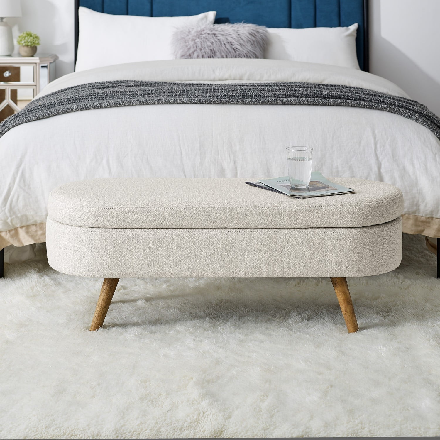 44" Oval Storage Ottoman Bench with Hidden Storage, Upholstered Fabric Ottoman Bench with Rubber Wood Legs for Bedroom, Entryway, Living Room, Beige
