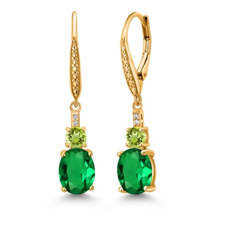 Gem Stone King 18K Yellow Gold Plated Silver Green Nano Emerald and Green Peridot Dangle Earrings for Women with Lab Grown Diamond (3.63 Cttw, Oval 9X7MM)