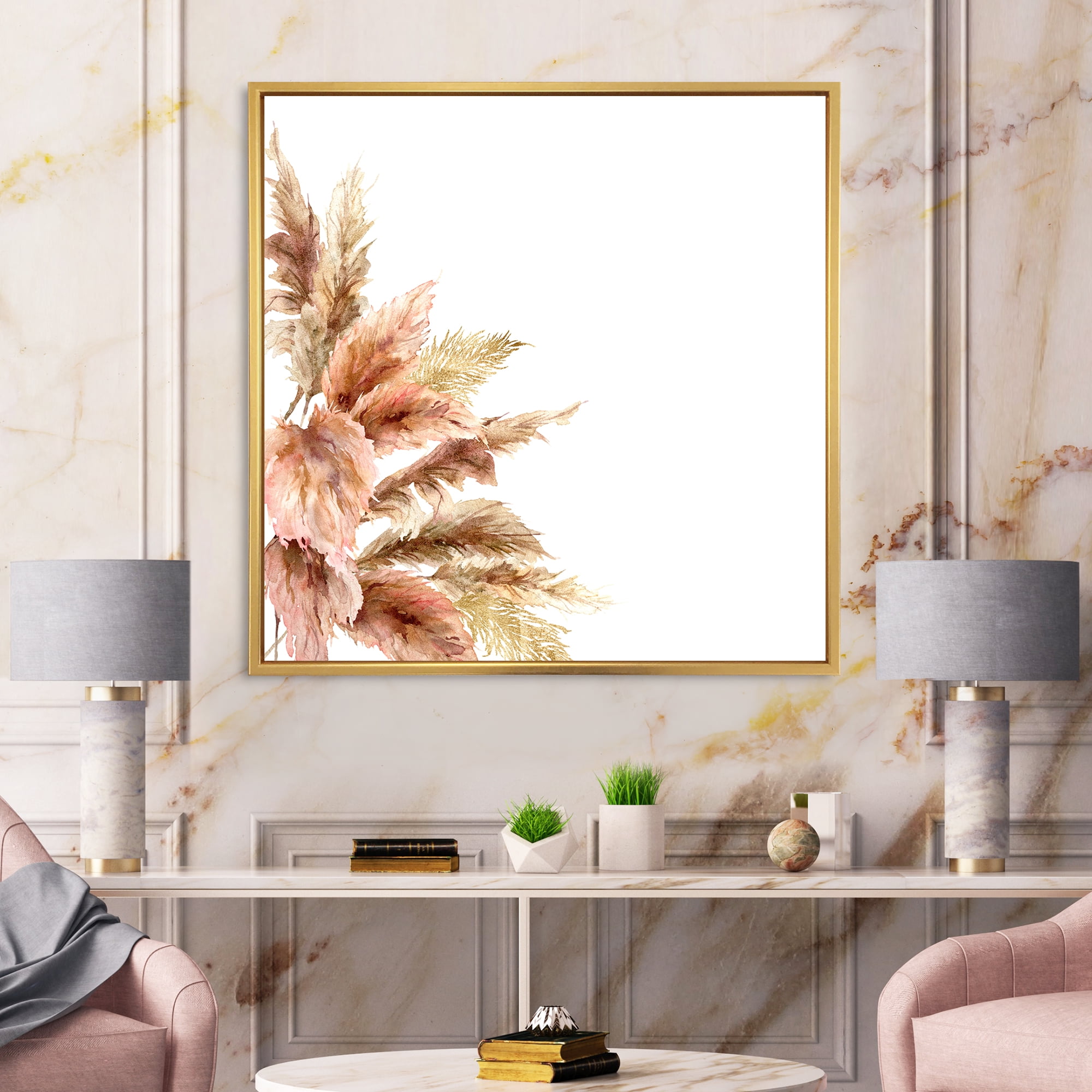 Designart 'Exotic Dry Pampas Grass On White Background' Traditional Framed Canvas Wall Art Print