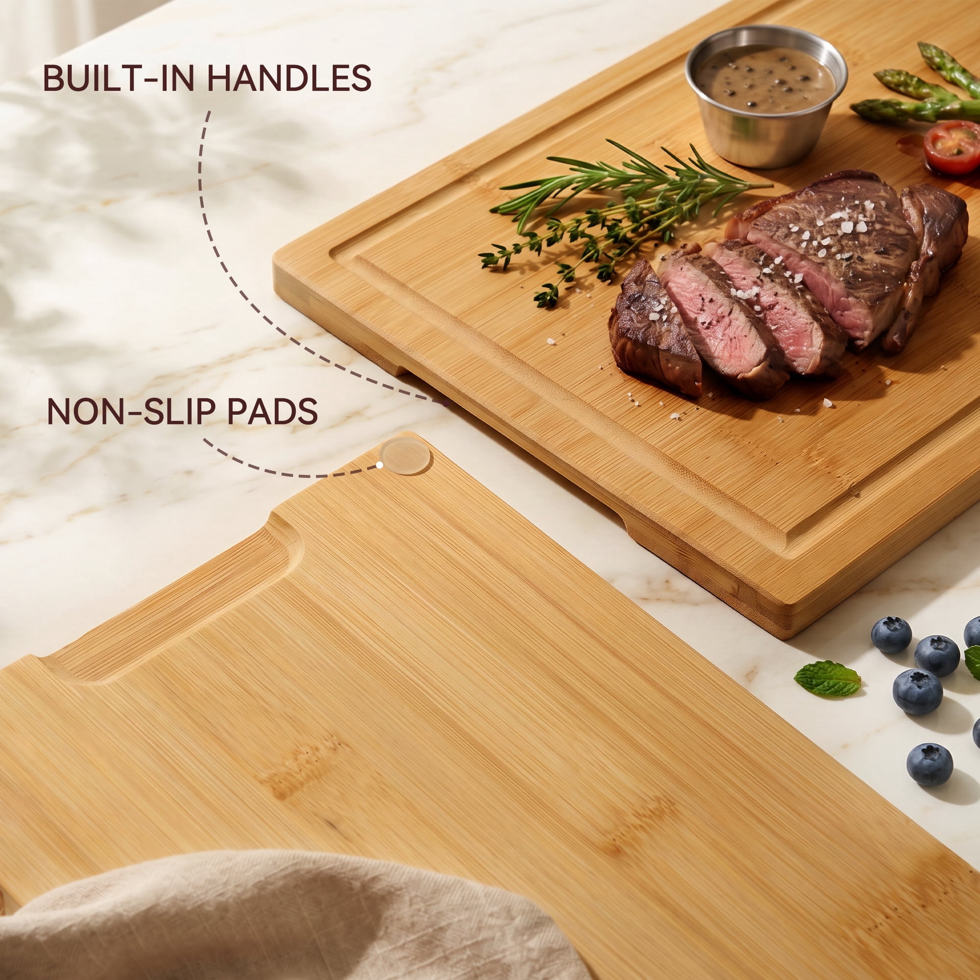 Kikcoin Cutting Board Set of 3, Bamboo Cutting Boards for Kitchen, Non-slip Wooden Chopping Boards with Juice Grooves, Reversible Charcuterie Board for Fruit, Meat