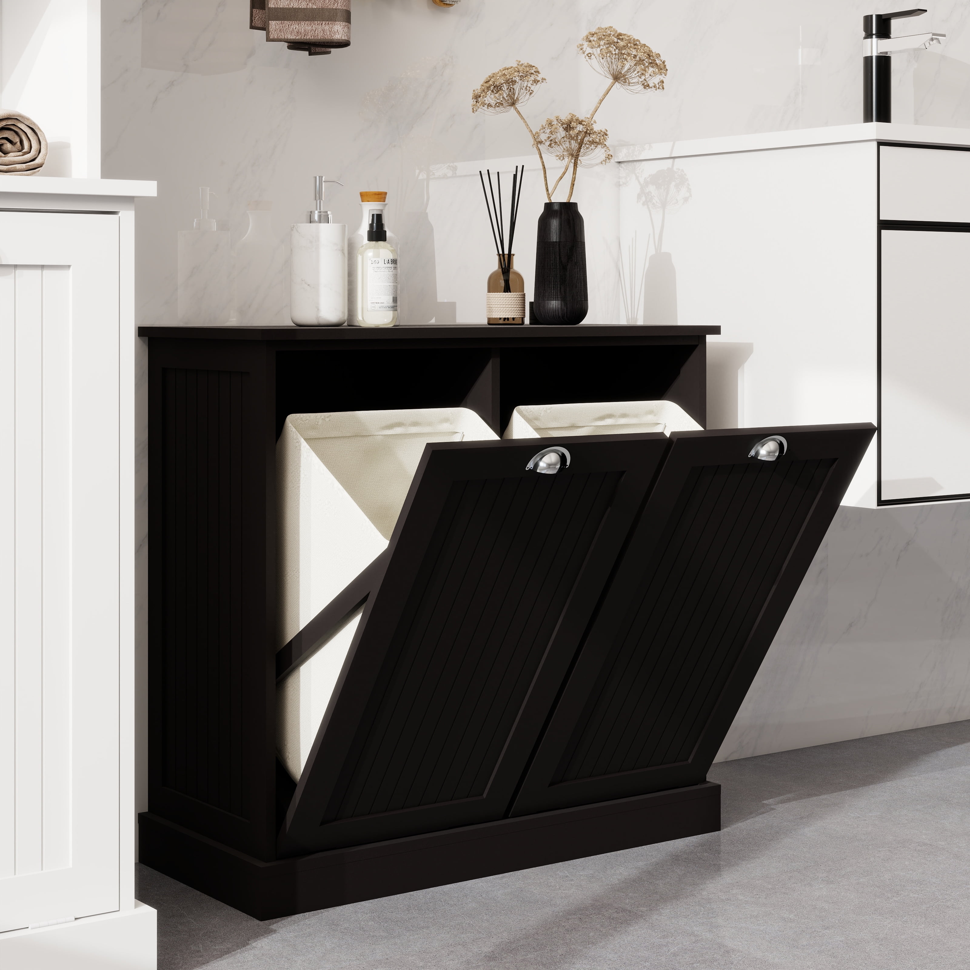 Aukfa Double Tilt Out Laundry Hamper Cabinet,Bathroom Laundry Cabinet with Basket,Black