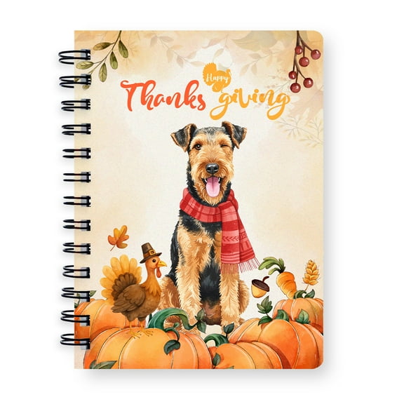 Happy Thanksgiving Airedale Terrier with Turkey Pumpkins Autumn Vibes Spiral Bound Journal Dale Waterside Dog Lover 5x7in Spiral Notebook - 12018
