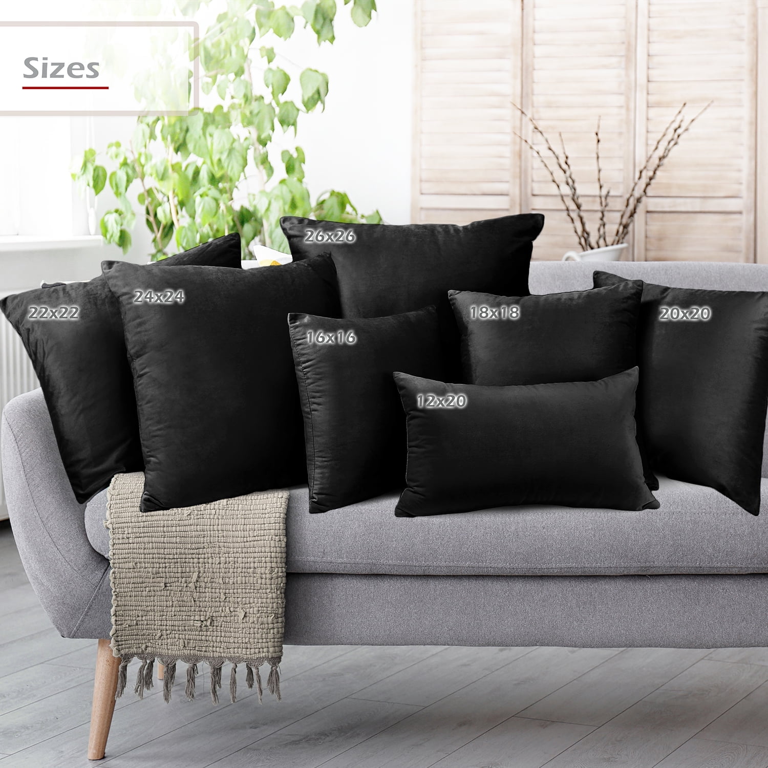 Clara Clark Plush Solid Decorative Microfiber Square Throw Pillow Cover with Throw Pillow Insert for Couch, Black, 24"x24"", 4 Piece Decorative Soft Throw Pillow Set