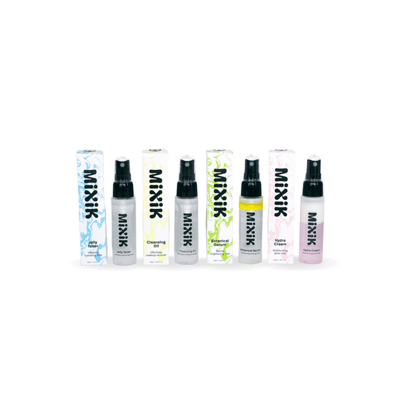 MiXiK Travel Mini Set - Mist Spray Skin Care Kit with Oil Cleanser, Moisturizer Cream, Hydrating Serum, and Jelly Toner, 4-Pack Set (Travel Size Skincare Set, 1 fl oz Each)