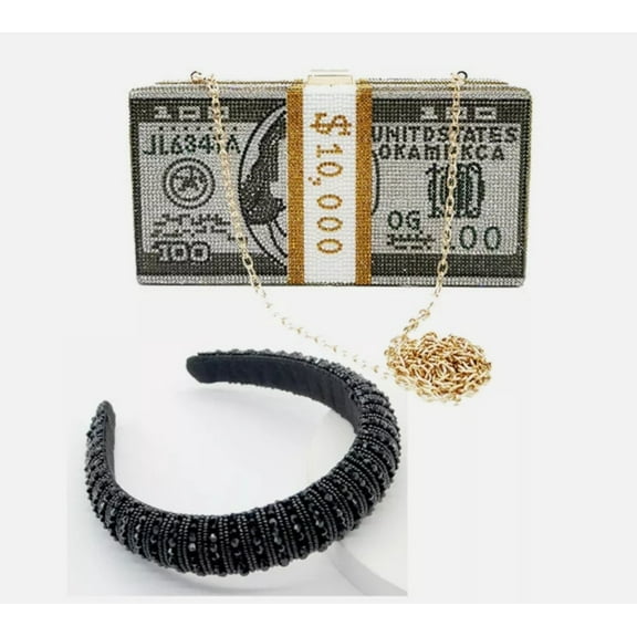 Cash Womens Money Clutch Purse Evening Bags Party Rhinestone Handbag with Bands - Black