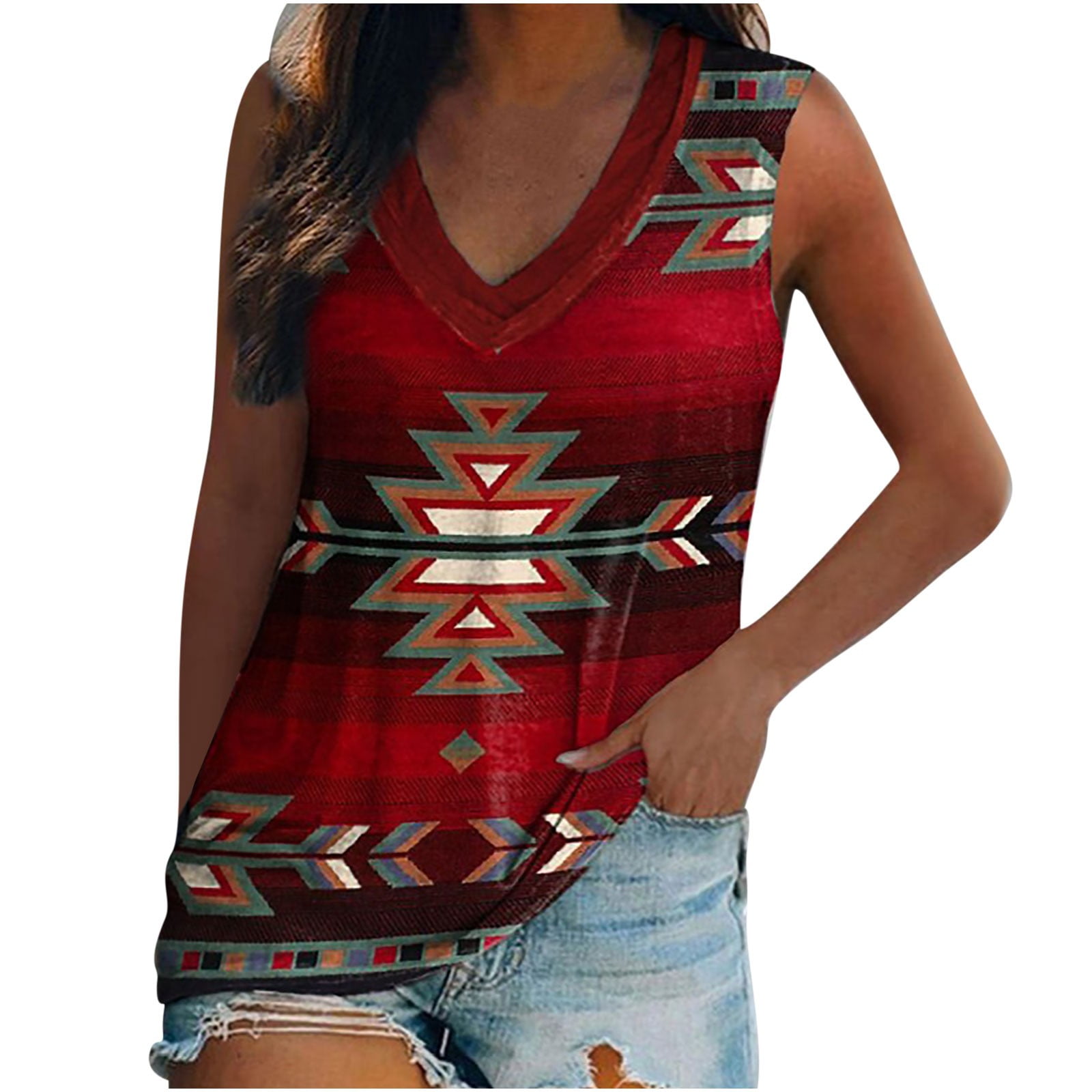 Women Casual V Neck Tank Top Tee Red 