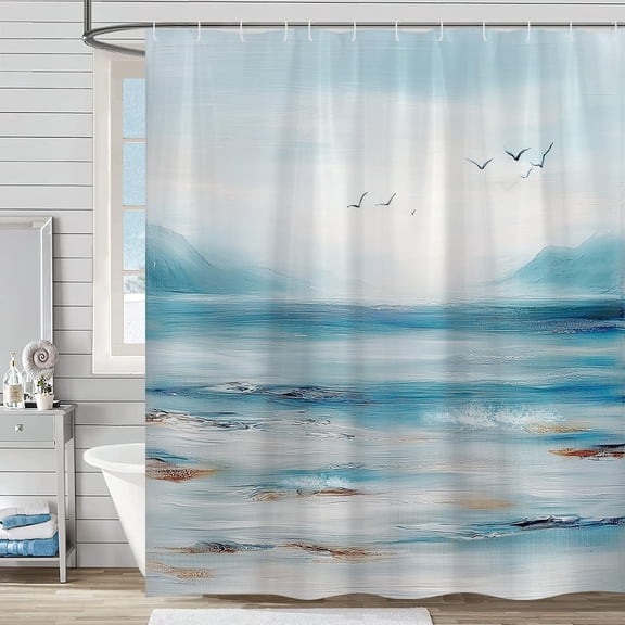 Ocean Beach Shower Curtain, Summer Coastal Abstract Blue Teal Beachy Themed Fabric Shower Curtains Set for Bathroom Decorative with Hooks Tropical Hawaii Sea Wave Bath Decor-72"W x 72"L (Pack of 1)