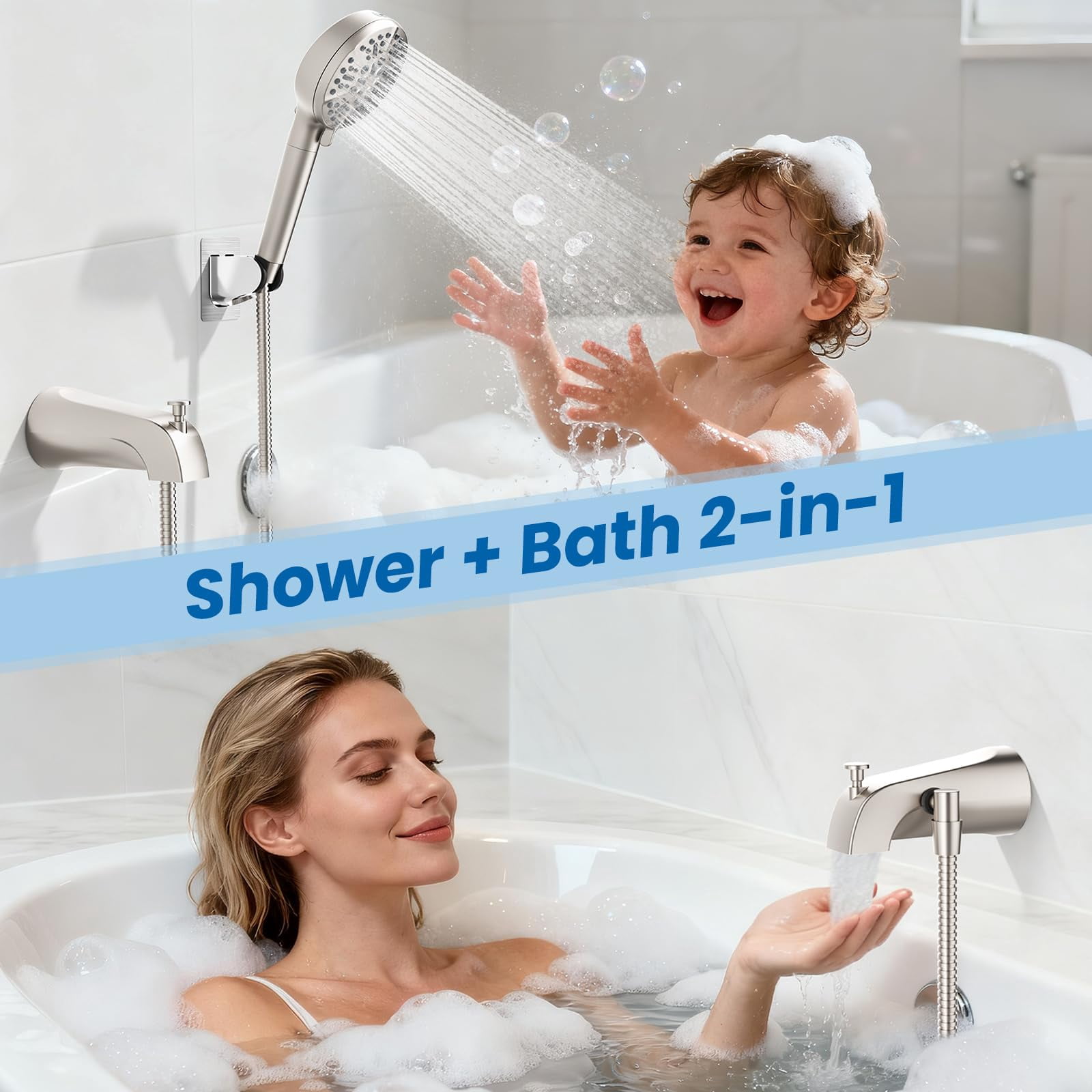 Bathtub Faucet with Filtered Handheld Shower Head Brushed Nickel 6 Spray Modes 79" Hose