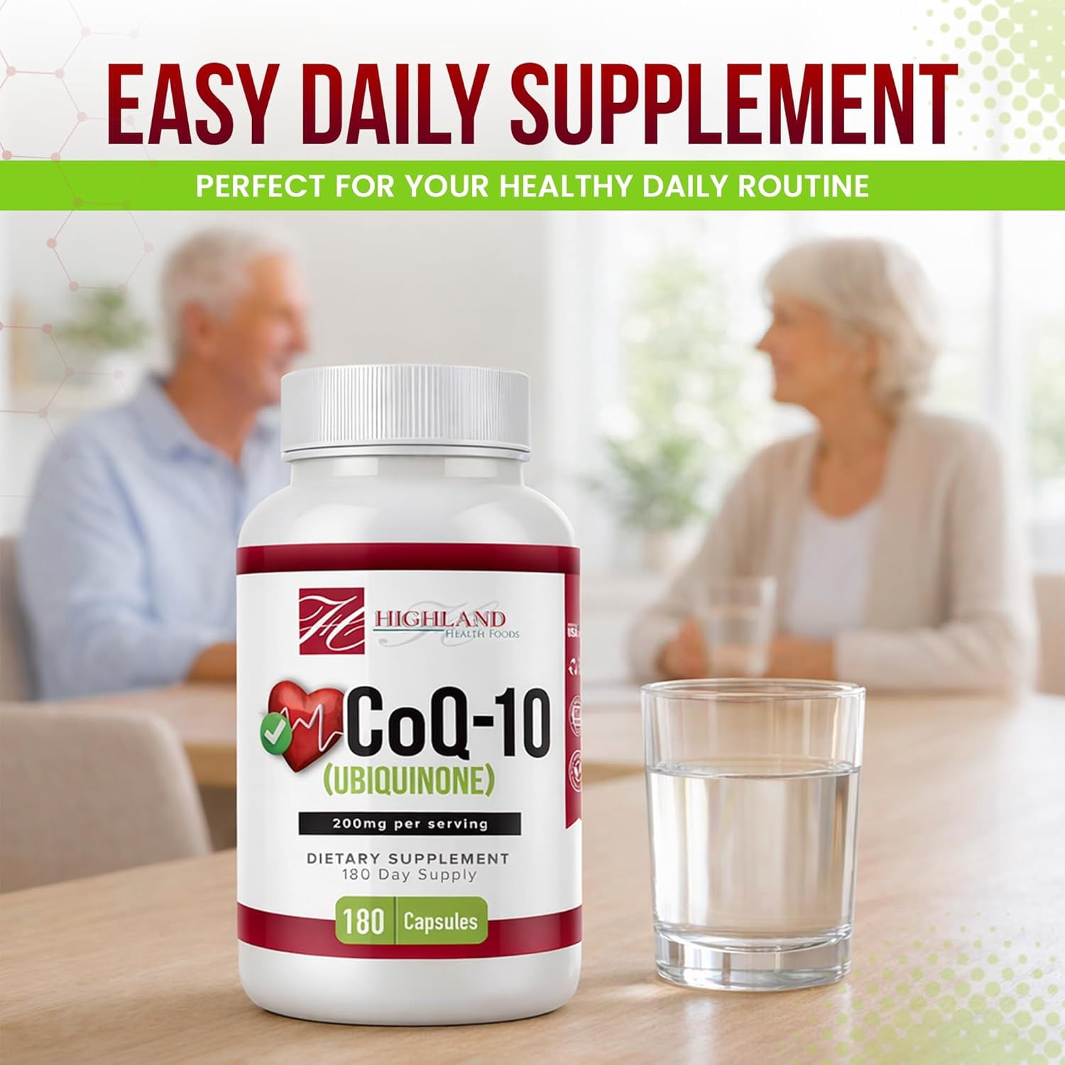 CoQ10 200mg 180 Vegetarian Capsules for Heart Health, Non-GMO, Easy to Swallow, Supports Cellular Energy Production and Cardiovascular Health