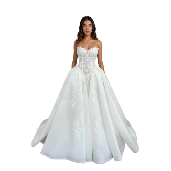 High-end custom strapless lace wedding dress - Tailored to customer's measurements | Luxurious sheer lace bodice with detachable large skirt | Heirloom Craftsmanship