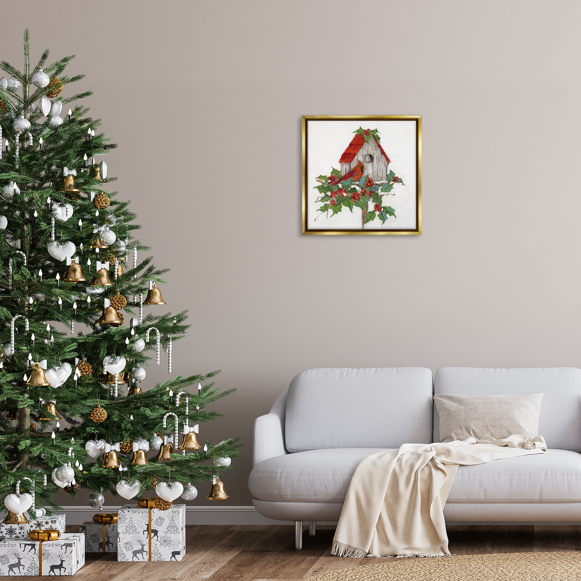 Stupell Industries Winter Plants & Birdhouse Holiday Painting Gold Floater Framed Canvas Art Prints Wall Art, 25 x 25