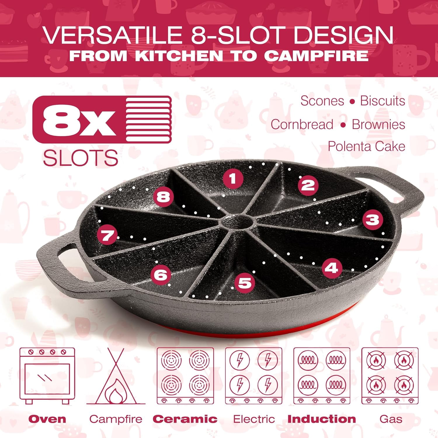 Cast Iron Scone Pan with 8-Slot Design for Baking, Cornbread & More - Includes Oven Mitts, Trivet & Oil Brush
