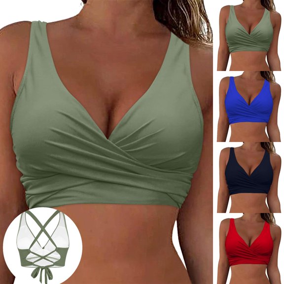 Amkhujs Women's Swimsuit Bikini Top V Neck Bathing Suit Top with Wide Straps Push-Up Padded Swimwear, XXL