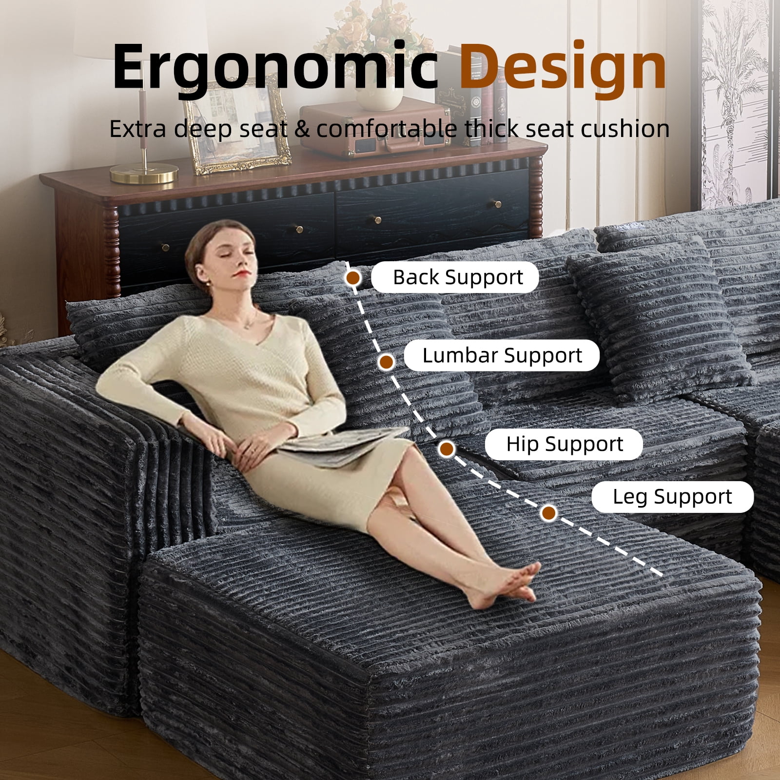 Garaneeds Modular Sectional Sofa for Living Room, 110" Boneless U-Shaped Couch, 5-Seat, Gray