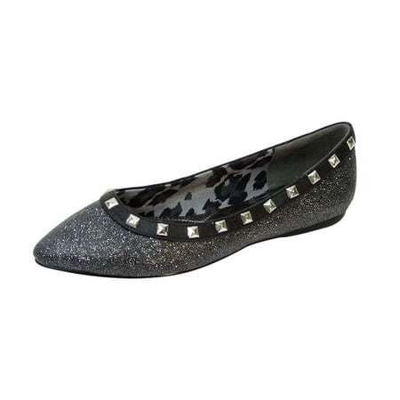 Antique Silver Flat FUZZY Emily Women Wide Width Pointed Toe Square Studded Top Liner Slip-On Flats BLACK 5 ()