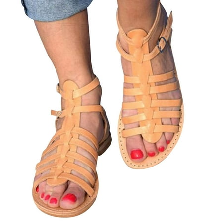 

Ladies Strappy Gladiator Flat Womens Sandals Summer Holiday Beach Shoes Soft and Comfortable 39