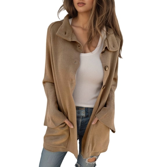 PMVFHDE Women's Autumn Winter Notched Lapel Long Sleeve Solid Color Button Casual Long Length Loose Cardigan Knit Coat Khaki,XXL