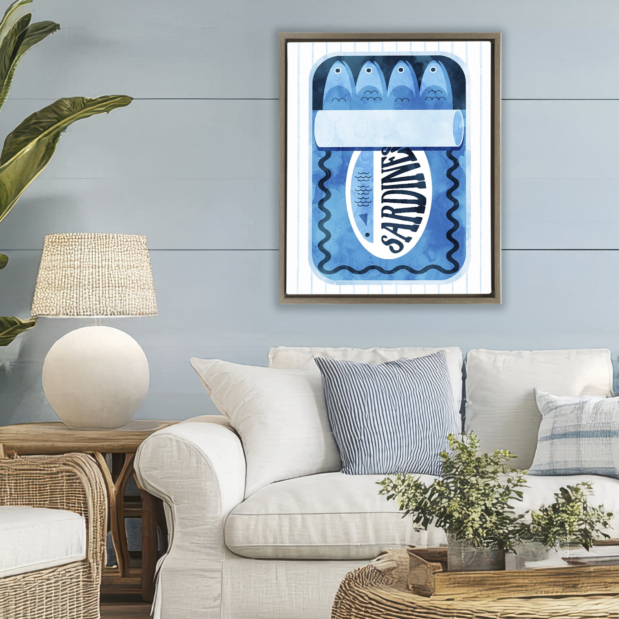 Blue Sardine Tin Over Stripes Brown Framed Floater Canvas Wall Art, design by Daphne Polselli