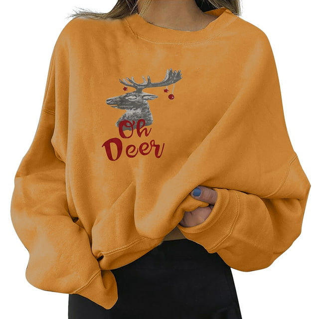 E-STYLE Women Christmas Elk Printed Sweatshirt Long Sleeve Crew Neck Pullover Casual Loose Tops,Yellow,S