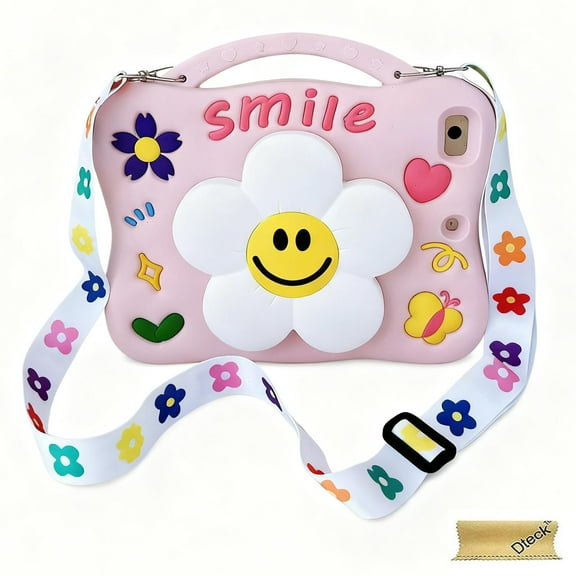 Dteck Case for iPad 10.2 Inch 2021/2020/2019 , Soft Silicone 3D Cartoon Cute Design Kids-Friendly Kickstand Shockproof Bumper Case with Shoulder Strap for iPad 9th/8th/7th Generation,Flower