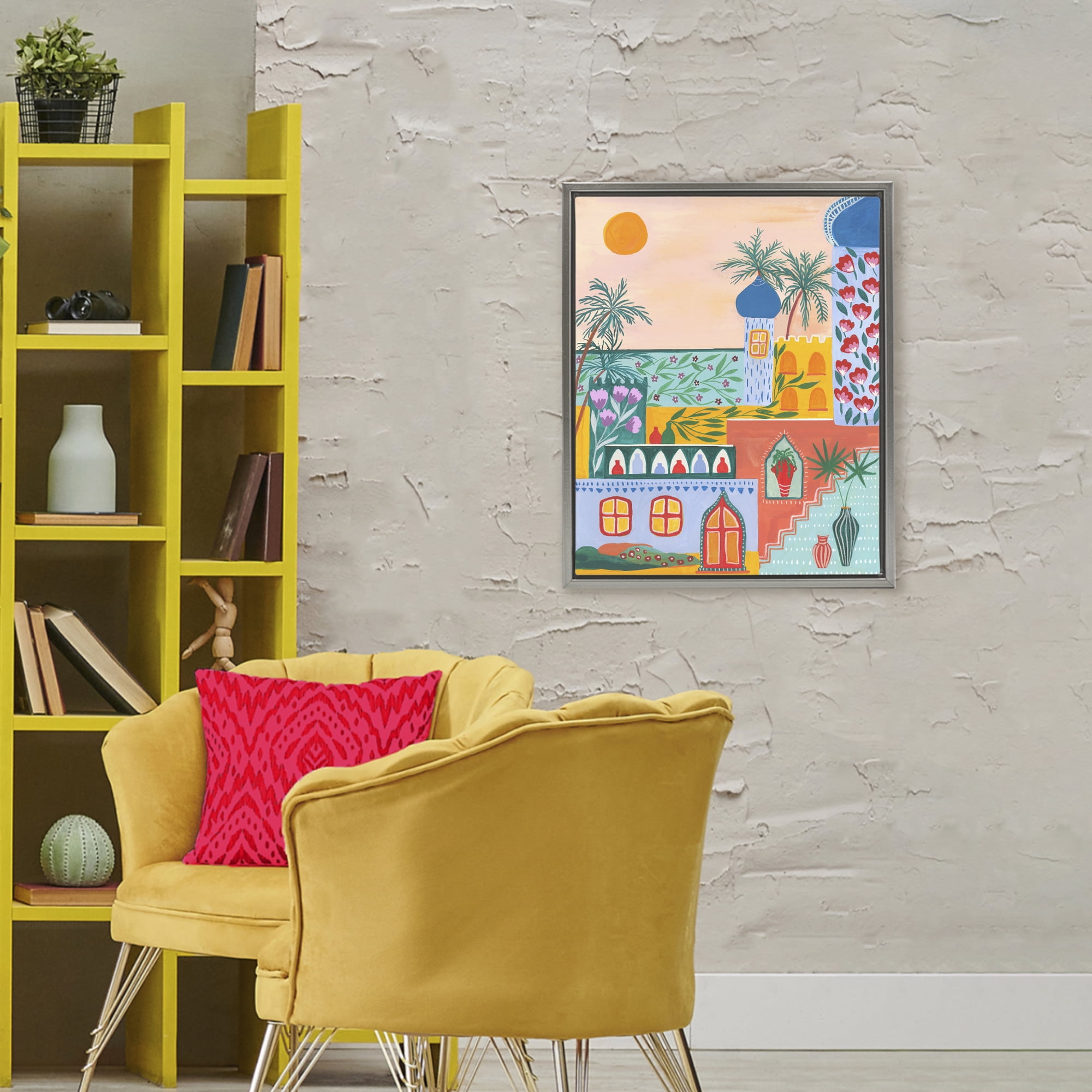 Egyptian City Architecture Gray Framed Floater Canvas Wall Art, design by Nabeela Rumi