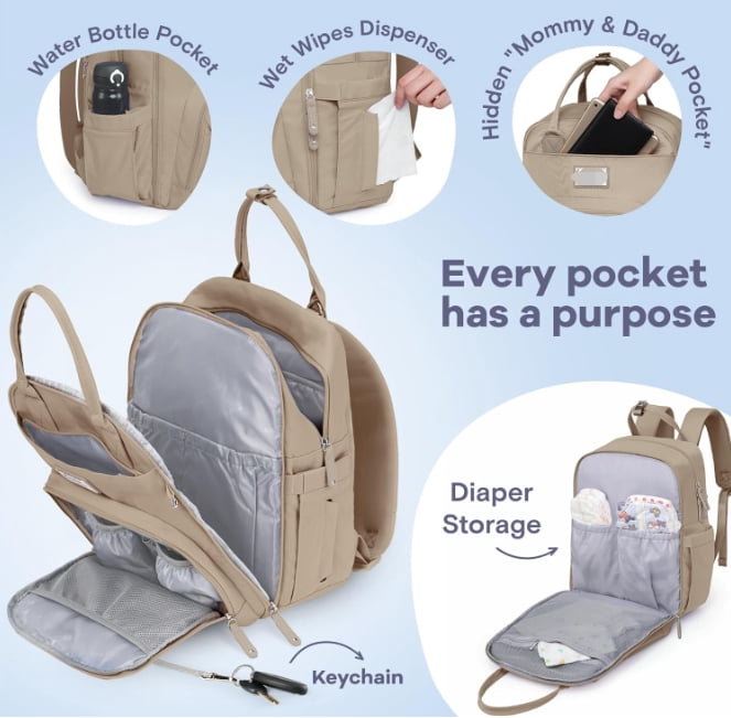 RKXQTDiaper Bag Backpack, Multifunction Travel Pack Maternity Baby Changing Bags, Large Capacity, Waterproof, Clay