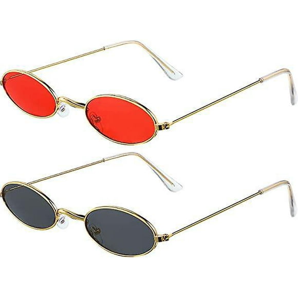 Dww-2 Paires Lunettes De Soleil Ovales Vintage Petites- Lentille Rouge/ Gris Et Monture Dore Lunettes De Soleil Ovales Mini Lunettes Rondes Lgantes Vi