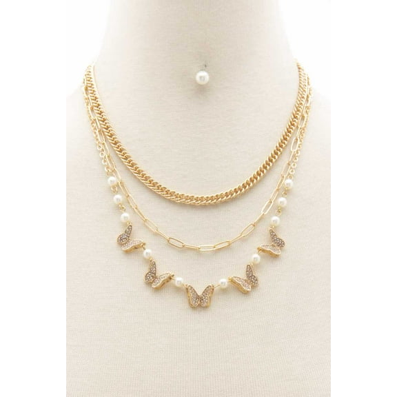Butterfly Charm Oval Link Layered Necklace Gold
