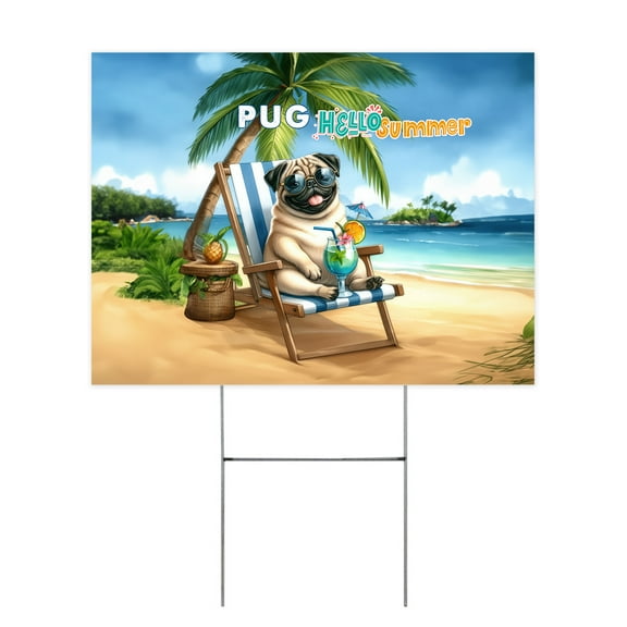 Pug Hello Summer Beach Theme with Sunglasses and Tropical Cocktail Yard Sign Dog Lover Gifts Outdoor Home Lawn Garden Porch Decor - 00009