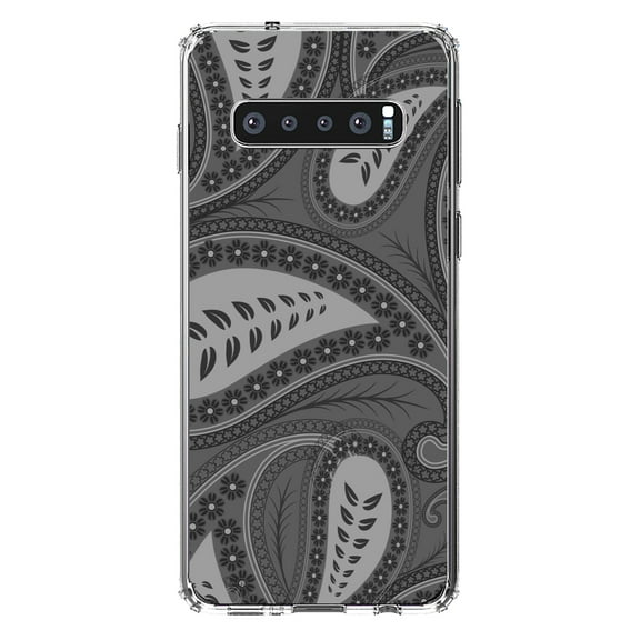 DistinctInk Clear Shockproof Hybrid Case for Samsung Galaxy S10 (6.1" Screen) - TPU Bumper, Acrylic Back, Tempered Glass Screen Protector - Big Grey Black Paisley